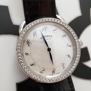 Hermes Arceau watch 38mm MOP black alligator Diamonds